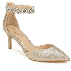 Jewel Badgley Mischka jewel Raleigh Pointed Toe Ankle Strap pump NWOT 8.5 gold